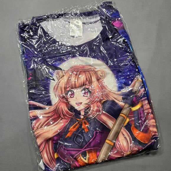 Anime Dark Purple Shirt Woman Witch Graphic Stretch Short Sleeves Men Size L NEW - Picture 3 of 9